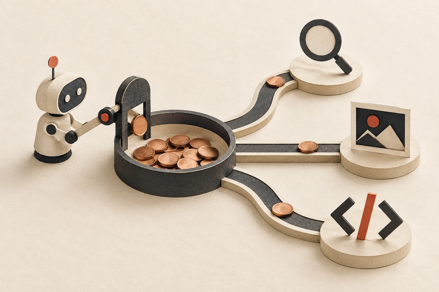 Conceptual illustration of an AI agent using a separate spending account to access paid tools.