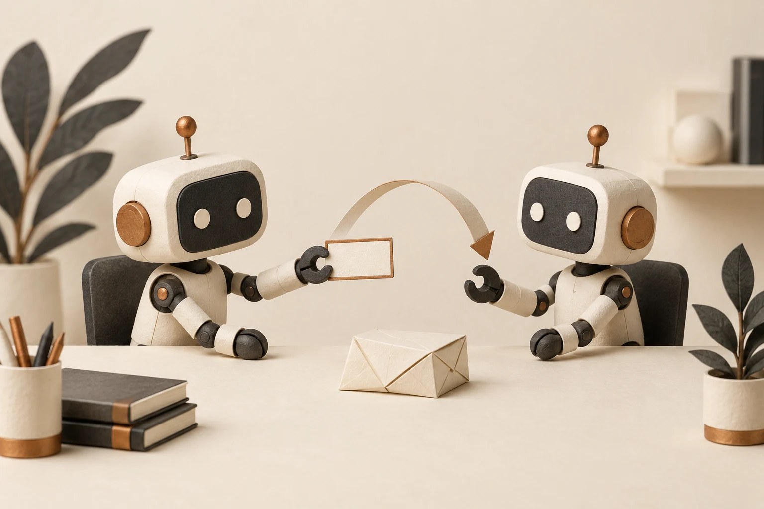 Two small mechanical assistants pass a task card across a desk.