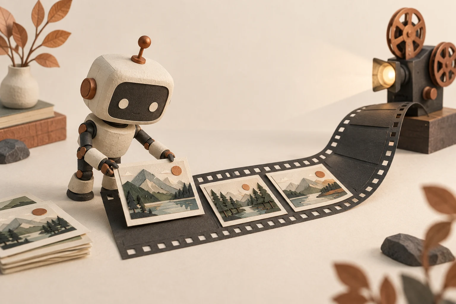A small mechanical assistant arranges photo cards on a film strip leading to a projector.