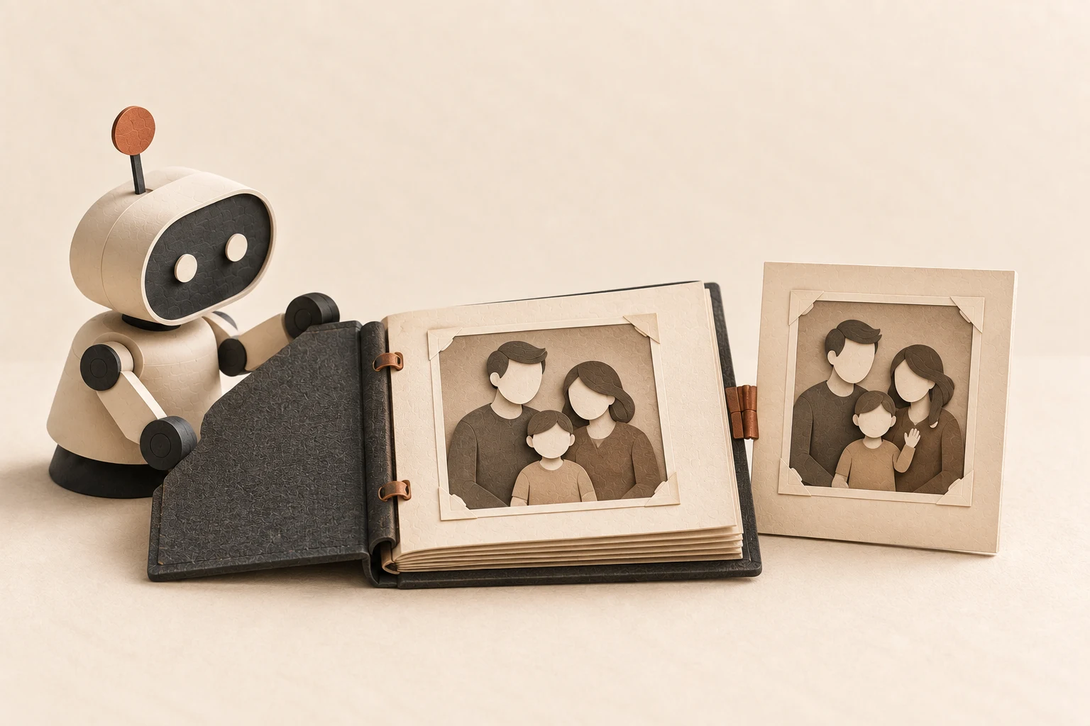A small mechanical assistant opens a vintage family album beside two sepia portrait frames suggesting a subtle change of pose.