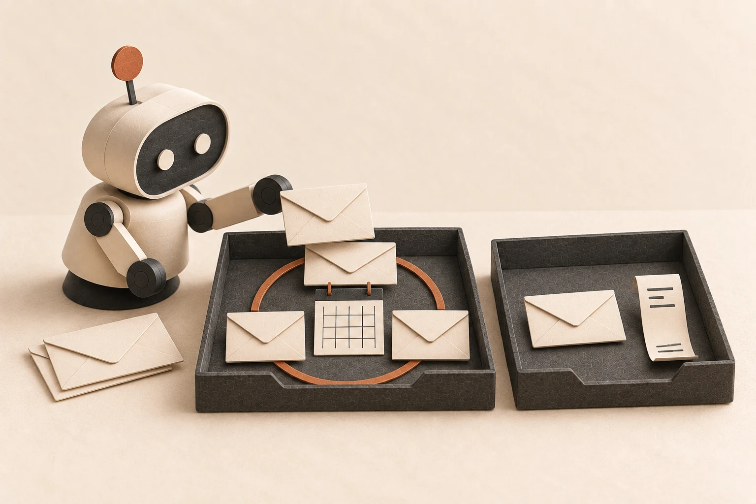 A small mechanical assistant sorts paper envelopes and receipts beside a recurring calendar motif.