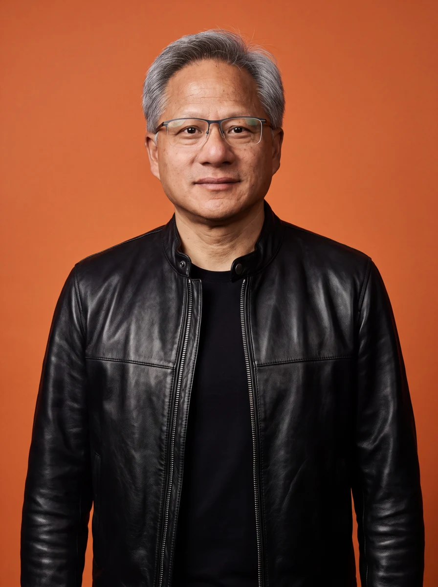 Nano Banana Pro realism-directed portrait of the left performer in a black leather jacket against an orange backdrop