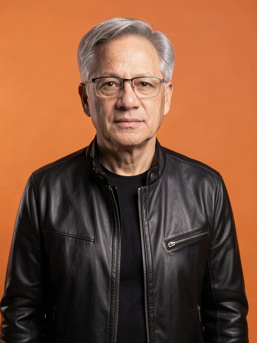 FLUX photographic portrait of the left performer in a black leather jacket against an orange backdrop