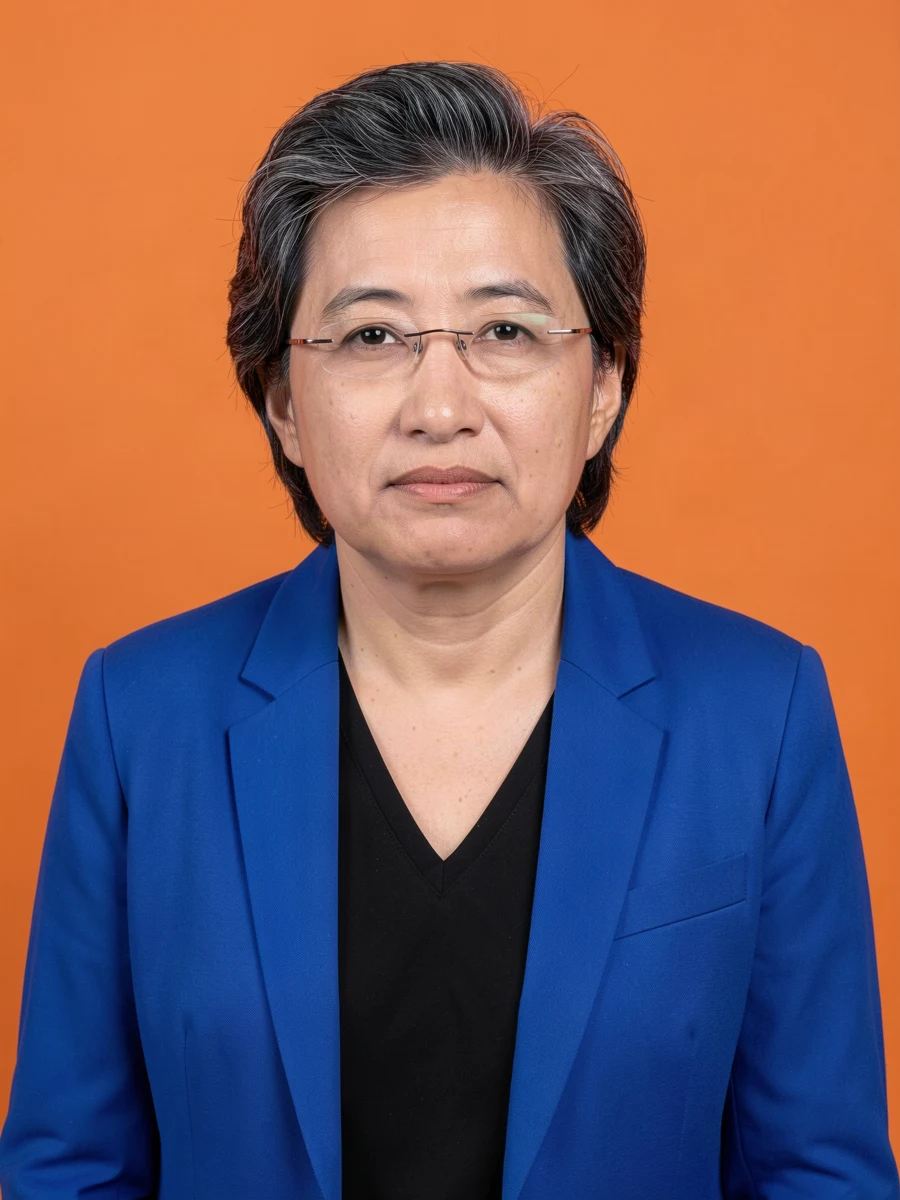 FLUX photographic portrait of the right performer in a blue blazer against an orange backdrop