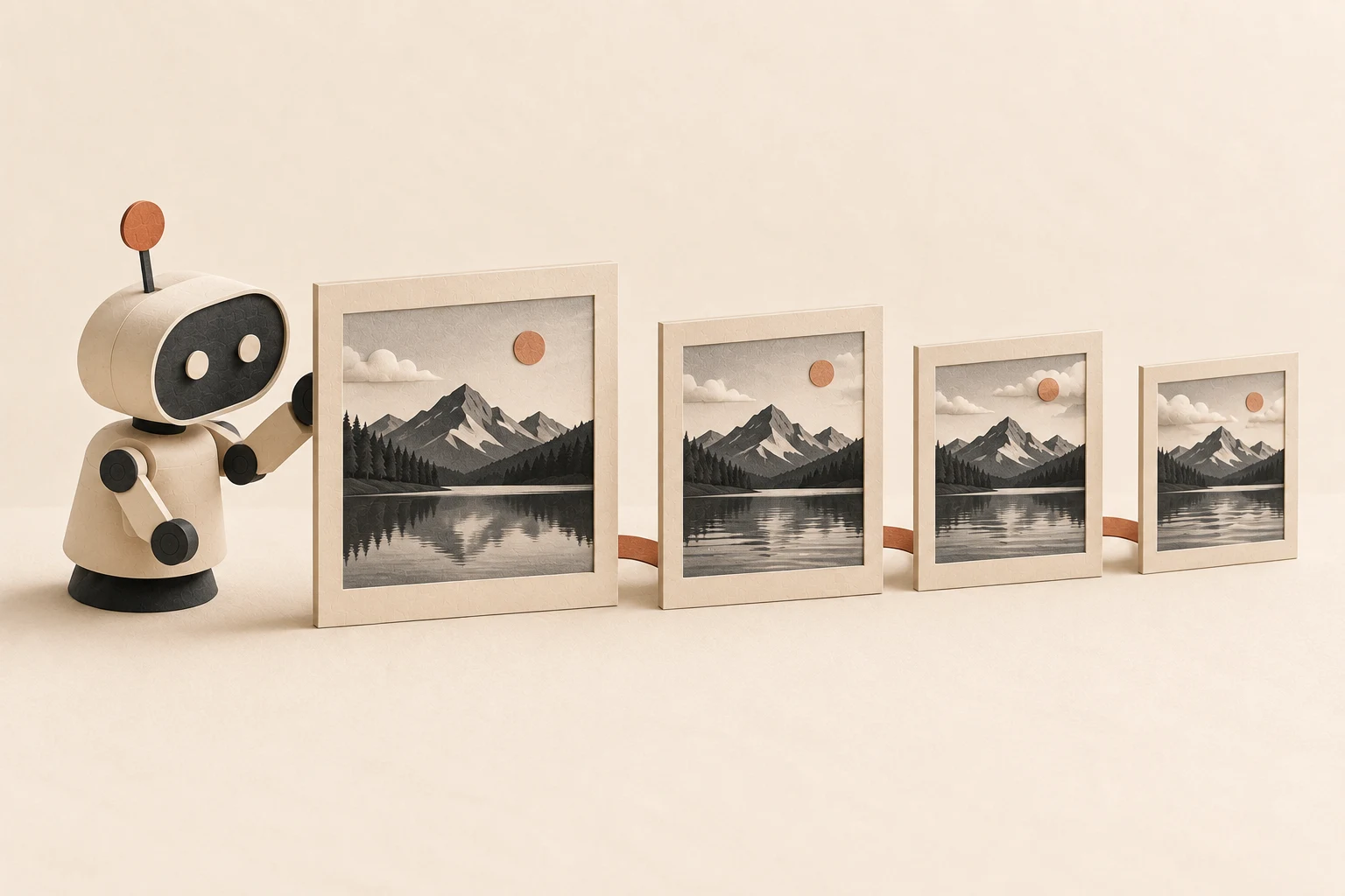 A small mechanical assistant watches a mountain-lake photograph become a sequence of frames with moving clouds and water.