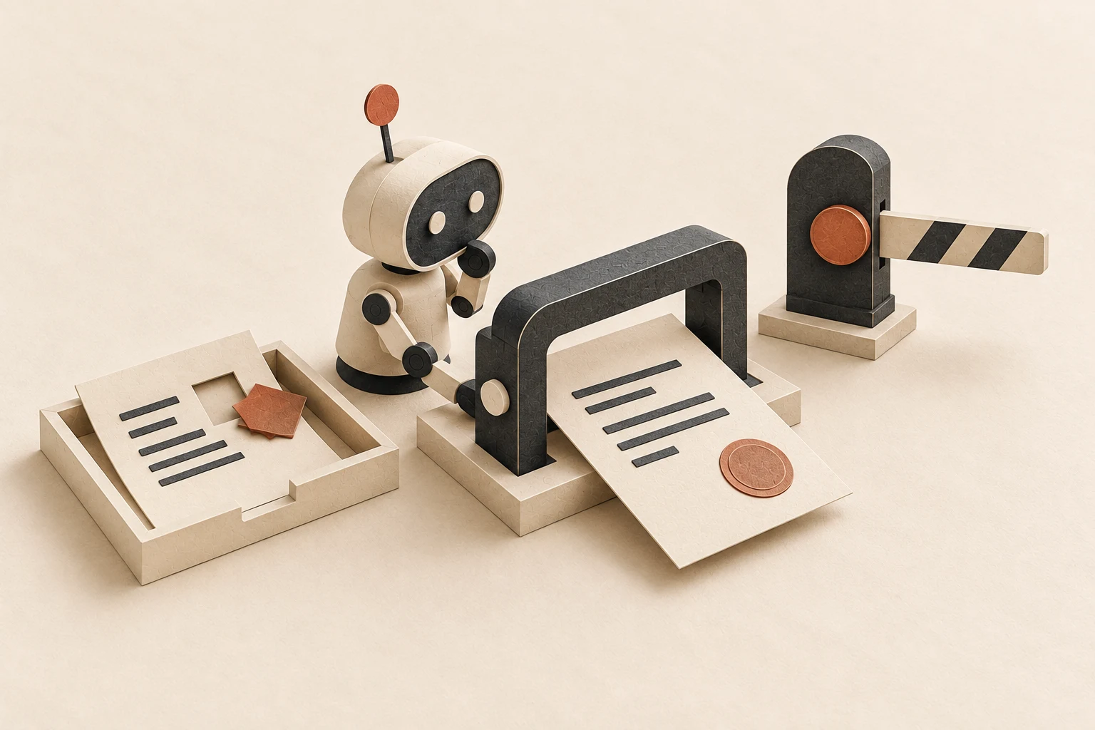 A small mechanical assistant inspects a usage statement at a verification desk, with a spending gate beyond it.