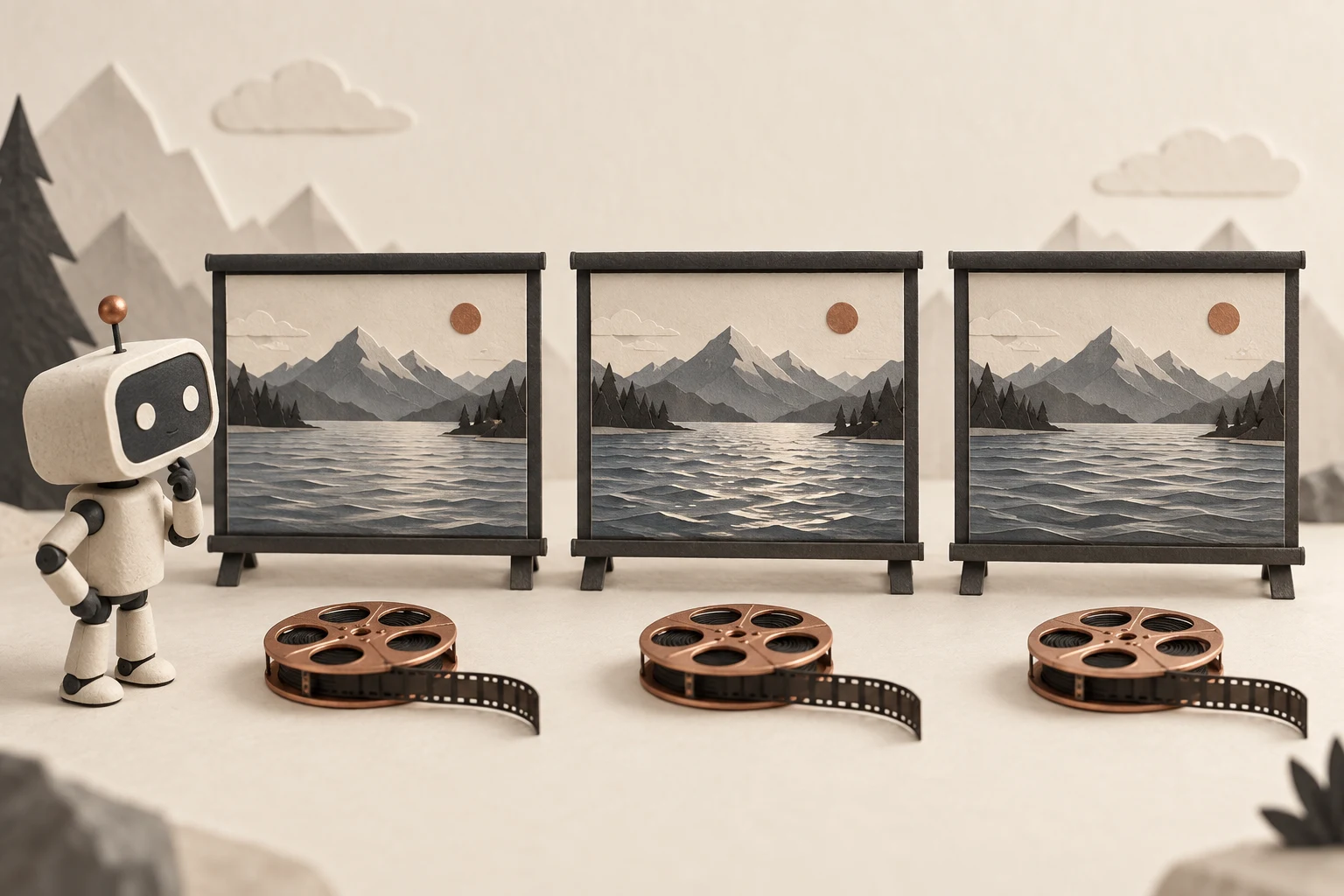 A mechanical assistant compares three landscape screens and film reels.