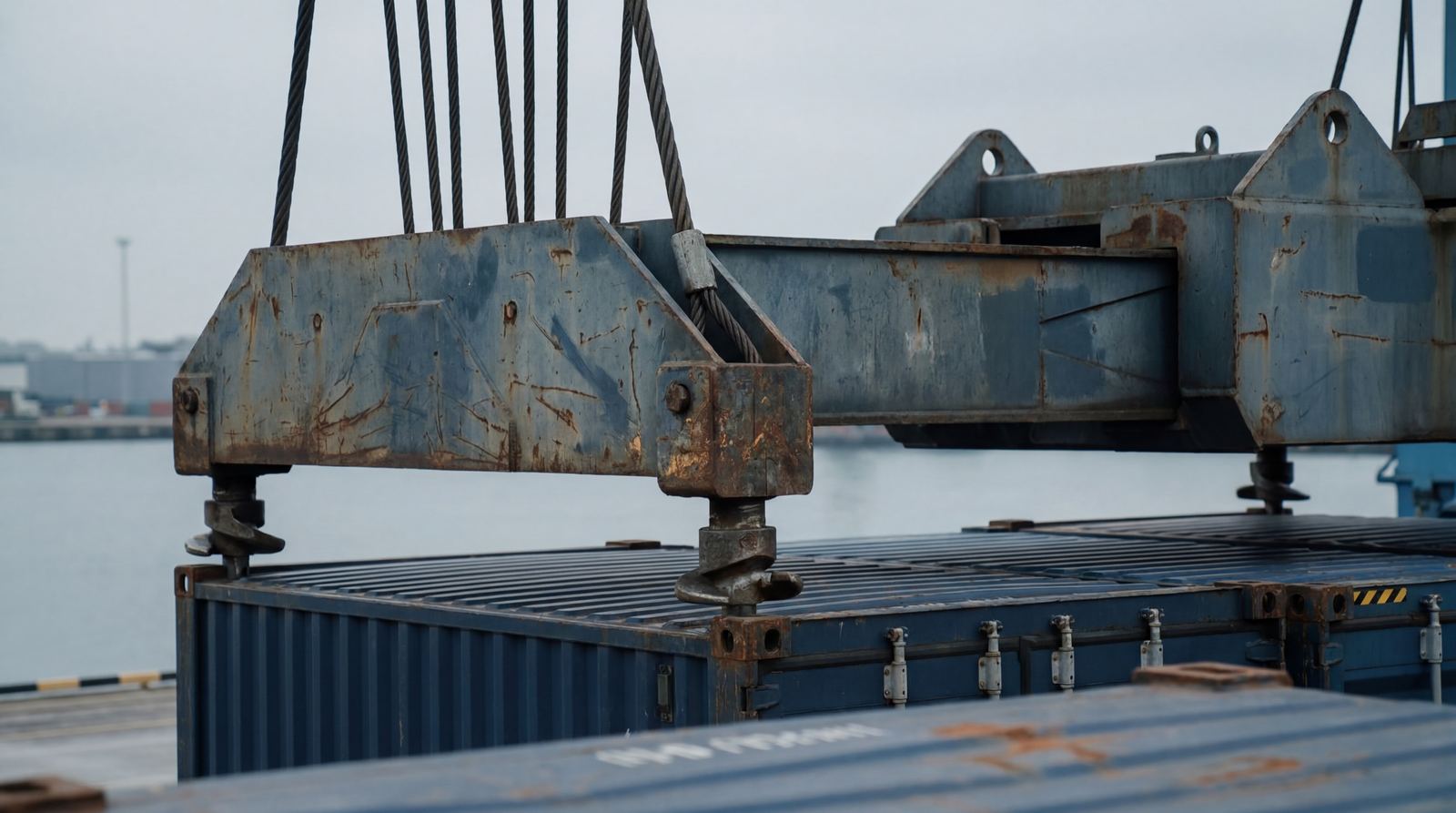 A crane spreader carefully placing a container