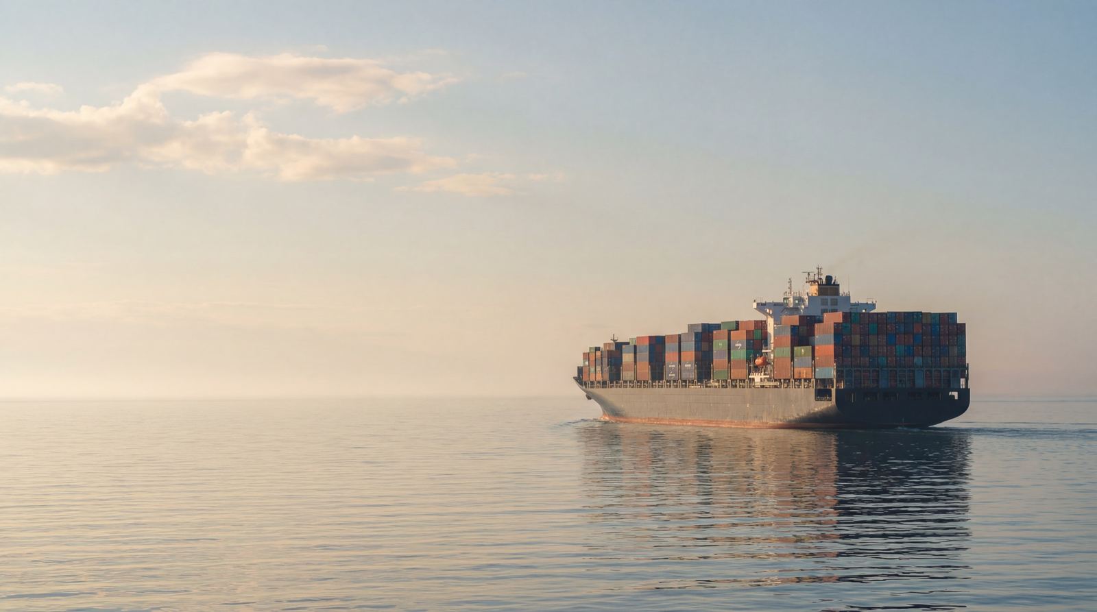 A container ship gliding across a calm sea
