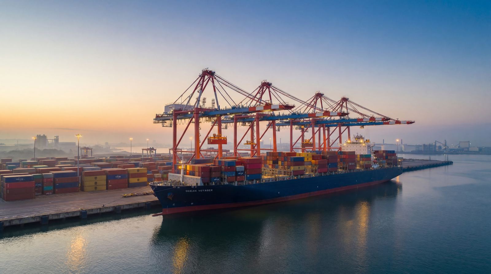 Gantry cranes loading a container ship