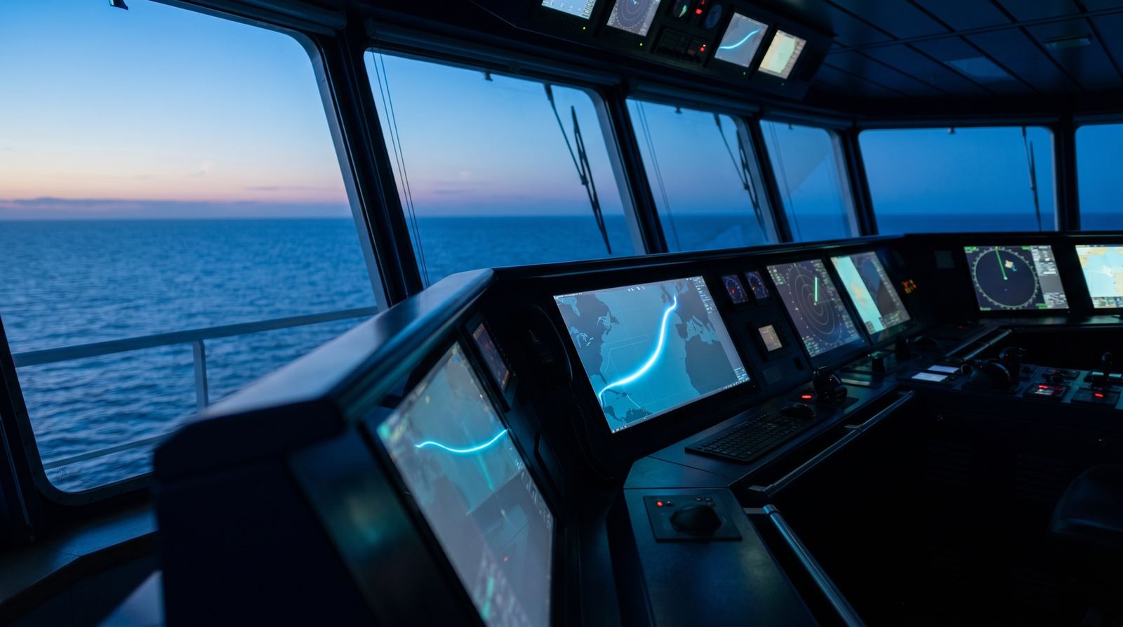 A ship's bridge with an optimized route on the chart