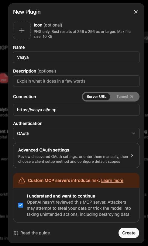 ChatGPT’s connector form filled in — name Vaaya, the server URL, OAuth, and the I-understand box ticked